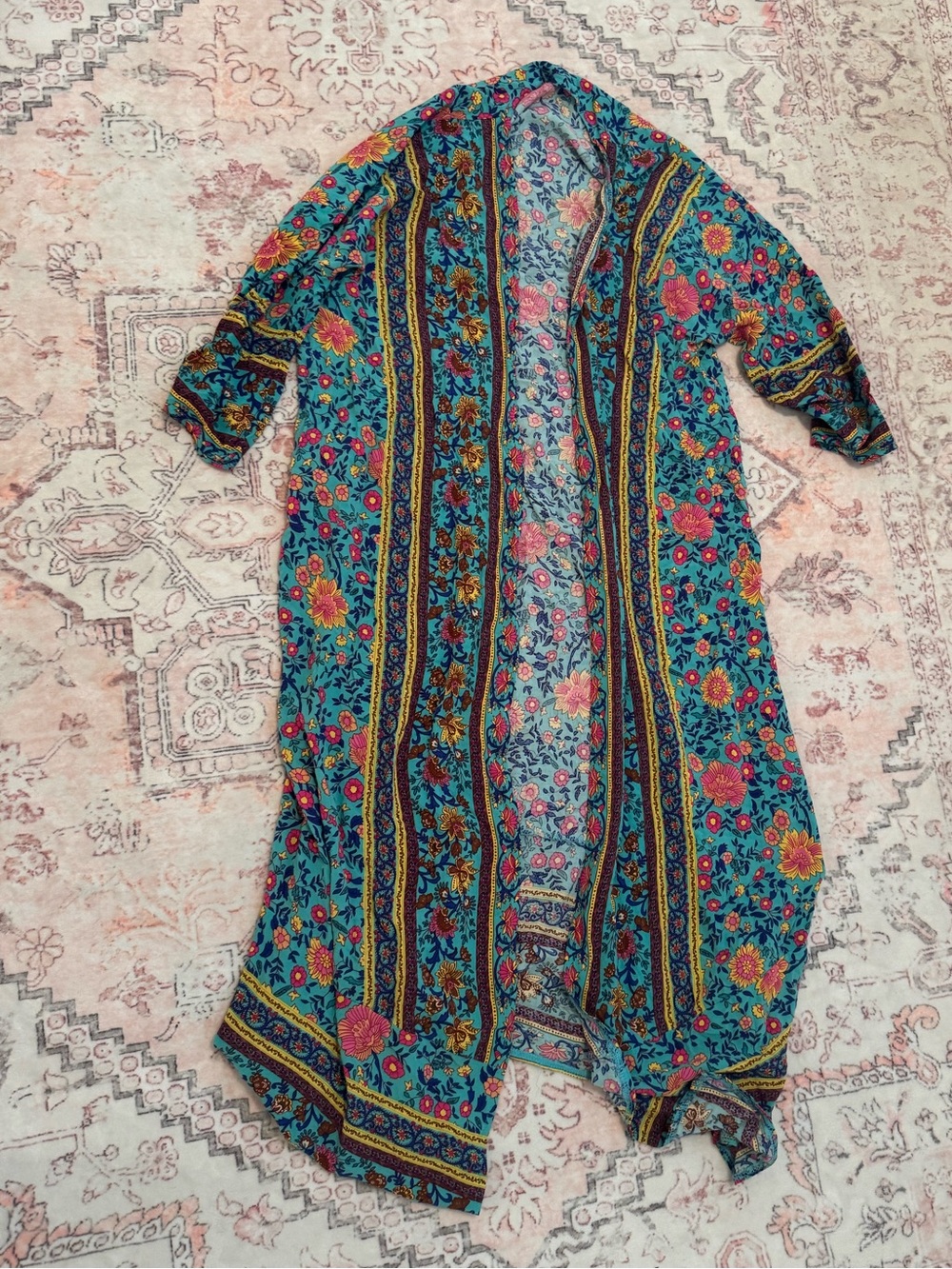 Bohemian Floral Long Duster Jacket - Teal Multi